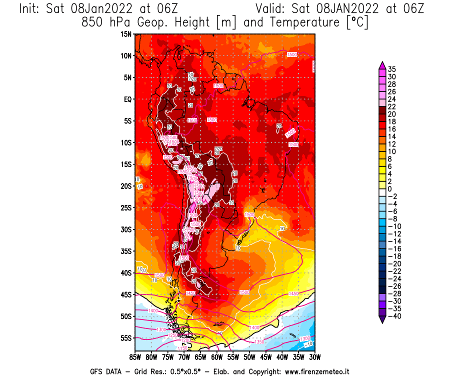 Mappa di analisi GFS - Geopotenziale [m] e Temperatura [°C] a 850 hPa in Sud-America
							del 08/01/2022 06 <!--googleoff: index-->UTC<!--googleon: index-->