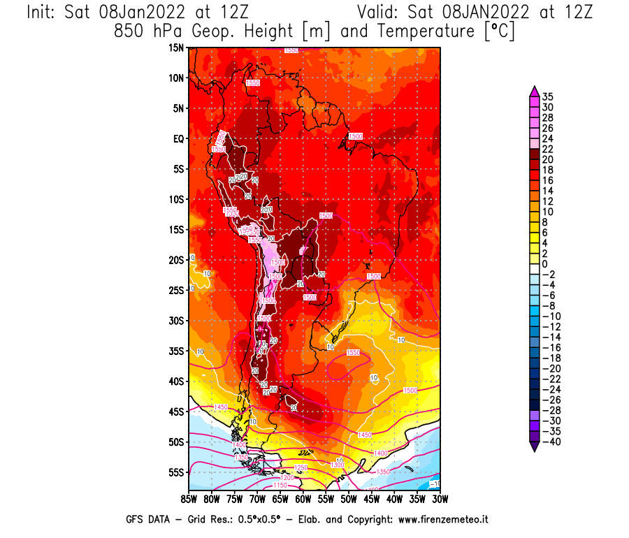Mappa di analisi GFS - Geopotenziale [m] e Temperatura [°C] a 850 hPa in Sud-America
							del 08/01/2022 12 <!--googleoff: index-->UTC<!--googleon: index-->
