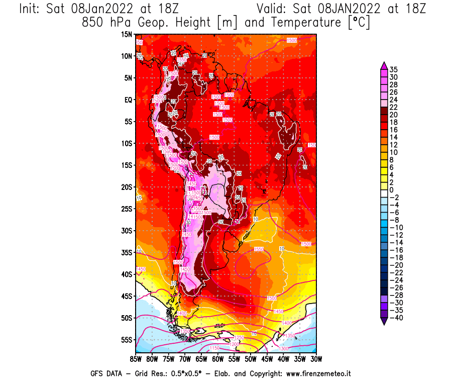 Mappa di analisi GFS - Geopotenziale [m] e Temperatura [°C] a 850 hPa in Sud-America
							del 08/01/2022 18 <!--googleoff: index-->UTC<!--googleon: index-->