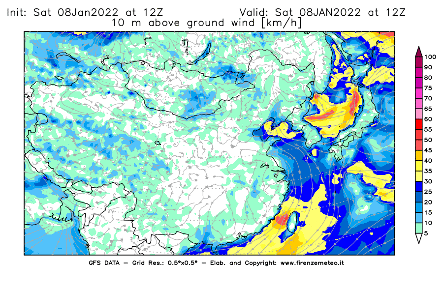 Mappa di analisi GFS - Velocità del vento a 10 metri dal suolo [km/h] in Asia Orientale
							del 08/01/2022 12 <!--googleoff: index-->UTC<!--googleon: index-->