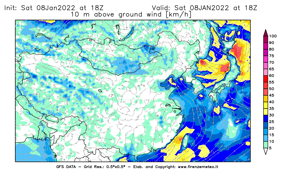 Mappa di analisi GFS - Velocità del vento a 10 metri dal suolo [km/h] in Asia Orientale
							del 08/01/2022 18 <!--googleoff: index-->UTC<!--googleon: index-->