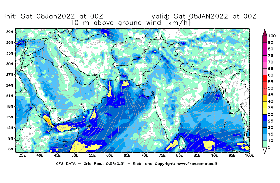 Mappa di analisi GFS - Velocità del vento a 10 metri dal suolo [km/h] in Asia Sud-Occidentale
							del 08/01/2022 00 <!--googleoff: index-->UTC<!--googleon: index-->