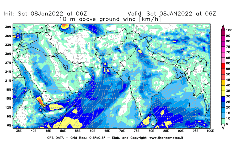 Mappa di analisi GFS - Velocità del vento a 10 metri dal suolo [km/h] in Asia Sud-Occidentale
							del 08/01/2022 06 <!--googleoff: index-->UTC<!--googleon: index-->