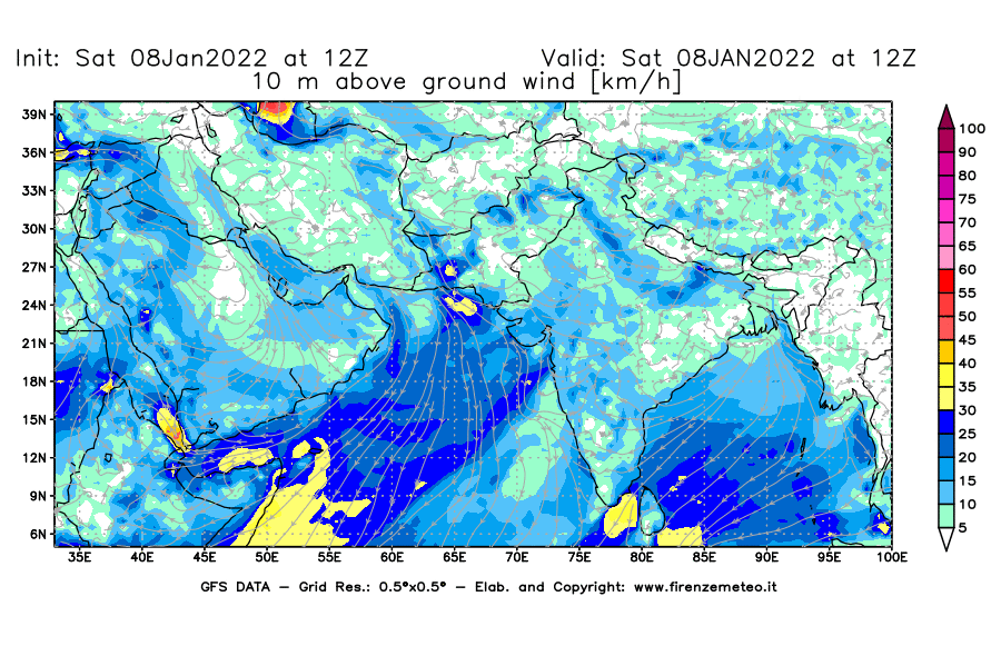 Mappa di analisi GFS - Velocità del vento a 10 metri dal suolo [km/h] in Asia Sud-Occidentale
							del 08/01/2022 12 <!--googleoff: index-->UTC<!--googleon: index-->