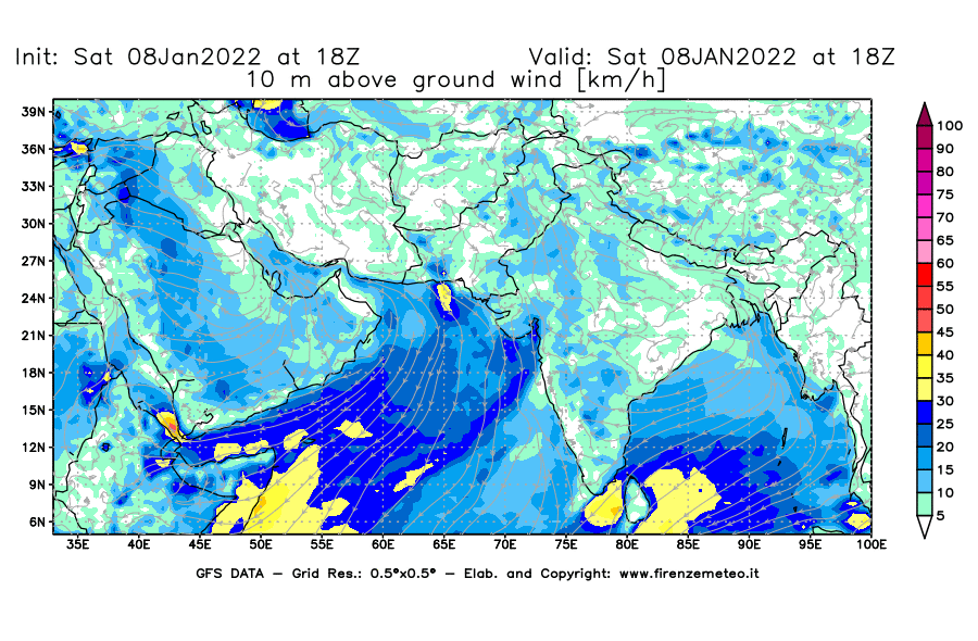 Mappa di analisi GFS - Velocità del vento a 10 metri dal suolo [km/h] in Asia Sud-Occidentale
							del 08/01/2022 18 <!--googleoff: index-->UTC<!--googleon: index-->