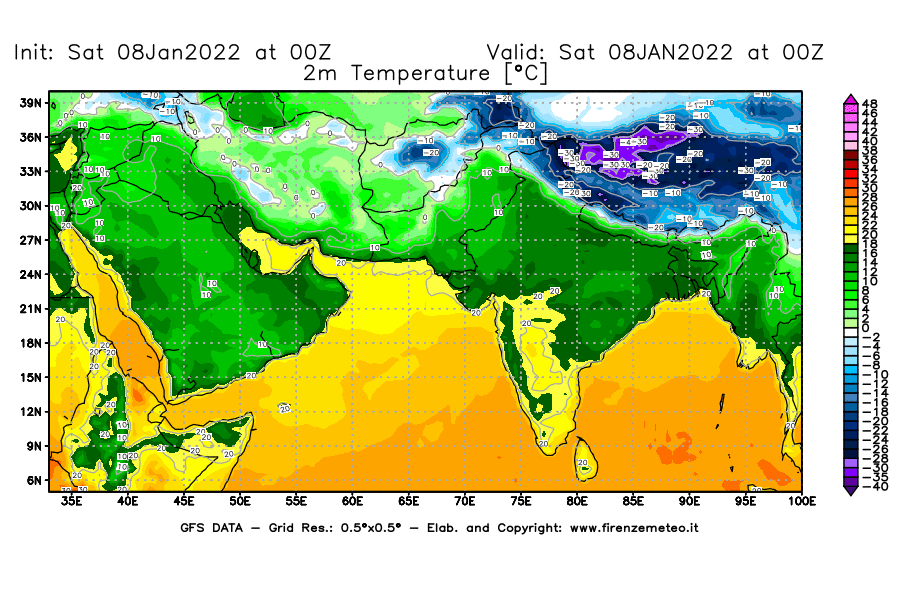 Mappa di analisi GFS - Temperatura a 2 metri dal suolo [°C] in Asia Sud-Occidentale
							del 08/01/2022 00 <!--googleoff: index-->UTC<!--googleon: index-->