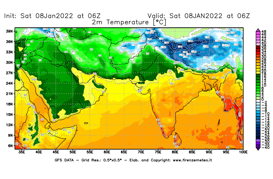 Mappa di analisi GFS - Temperatura a 2 metri dal suolo [°C] in Asia Sud-Occidentale
							del 08/01/2022 06 <!--googleoff: index-->UTC<!--googleon: index-->