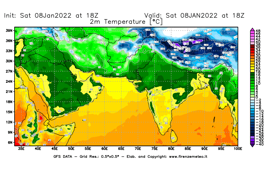 Mappa di analisi GFS - Temperatura a 2 metri dal suolo [°C] in Asia Sud-Occidentale
							del 08/01/2022 18 <!--googleoff: index-->UTC<!--googleon: index-->