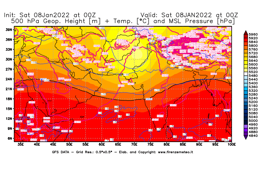 Mappa di analisi GFS - Geopotenziale [m] + Temp. [°C] a 500 hPa + Press. a livello del mare [hPa] in Asia Sud-Occidentale
							del 08/01/2022 00 <!--googleoff: index-->UTC<!--googleon: index-->