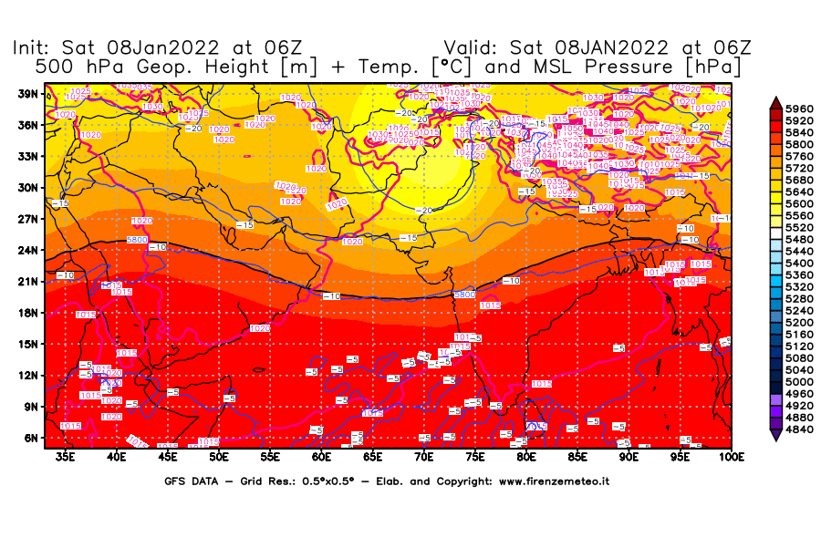 Mappa di analisi GFS - Geopotenziale [m] + Temp. [°C] a 500 hPa + Press. a livello del mare [hPa] in Asia Sud-Occidentale
							del 08/01/2022 06 <!--googleoff: index-->UTC<!--googleon: index-->