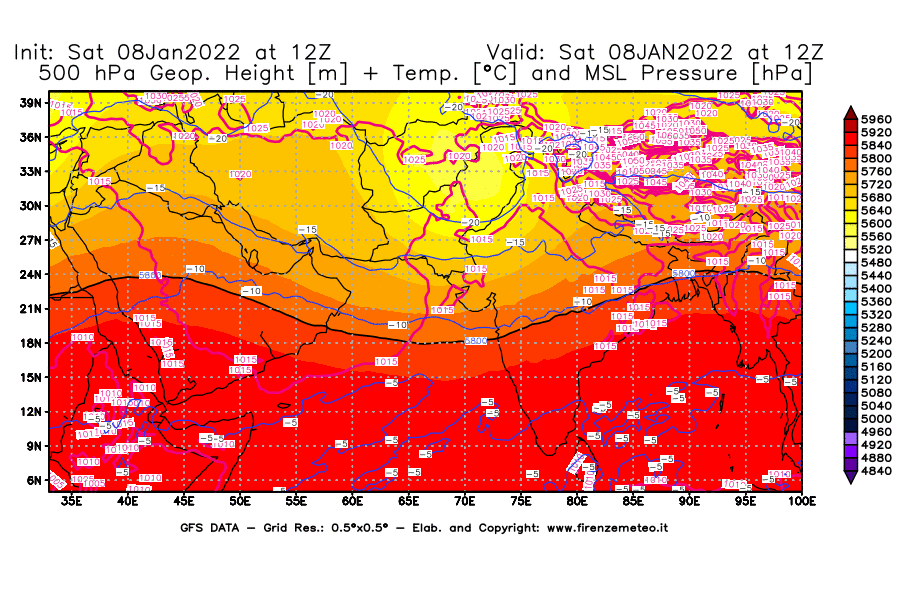 Mappa di analisi GFS - Geopotenziale [m] + Temp. [°C] a 500 hPa + Press. a livello del mare [hPa] in Asia Sud-Occidentale
							del 08/01/2022 12 <!--googleoff: index-->UTC<!--googleon: index-->