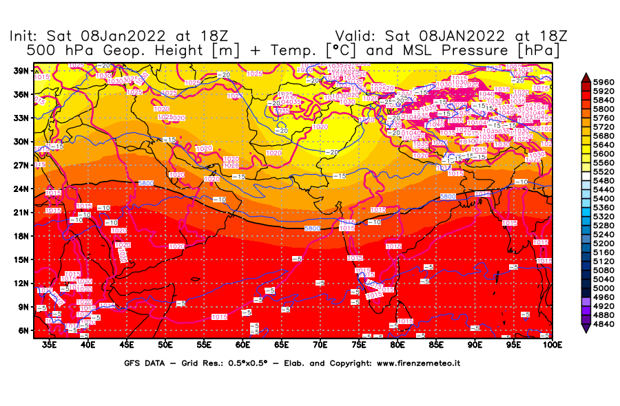 Mappa di analisi GFS - Geopotenziale [m] + Temp. [°C] a 500 hPa + Press. a livello del mare [hPa] in Asia Sud-Occidentale
							del 08/01/2022 18 <!--googleoff: index-->UTC<!--googleon: index-->