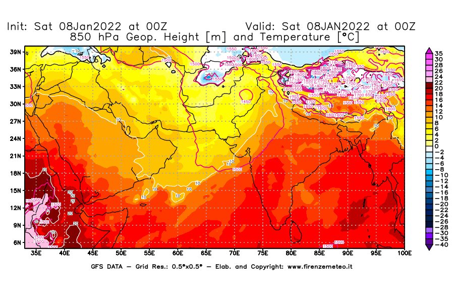 Mappa di analisi GFS - Geopotenziale [m] e Temperatura [°C] a 850 hPa in Asia Sud-Occidentale
							del 08/01/2022 00 <!--googleoff: index-->UTC<!--googleon: index-->