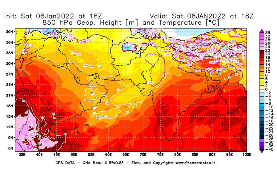 Mappa di analisi GFS - Geopotenziale [m] e Temperatura [°C] a 850 hPa in Asia Sud-Occidentale
							del 08/01/2022 18 <!--googleoff: index-->UTC<!--googleon: index-->