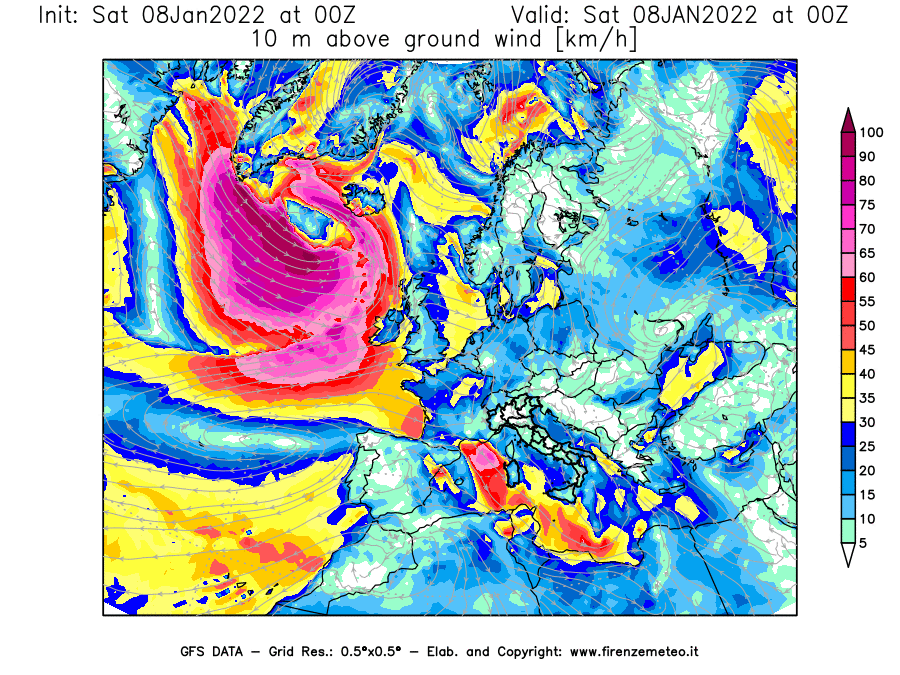 Mappa di analisi GFS - Velocità del vento a 10 metri dal suolo [km/h] in Europa
							del 08/01/2022 00 <!--googleoff: index-->UTC<!--googleon: index-->