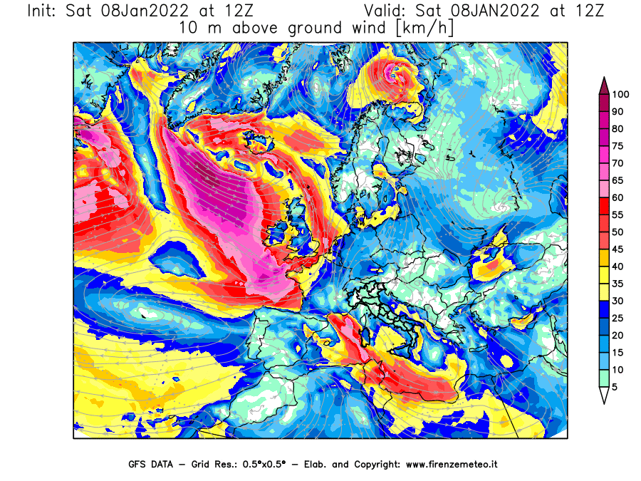 Mappa di analisi GFS - Velocità del vento a 10 metri dal suolo [km/h] in Europa
							del 08/01/2022 12 <!--googleoff: index-->UTC<!--googleon: index-->