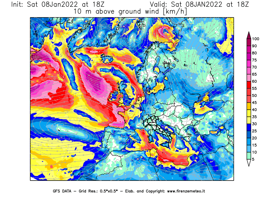 Mappa di analisi GFS - Velocità del vento a 10 metri dal suolo [km/h] in Europa
							del 08/01/2022 18 <!--googleoff: index-->UTC<!--googleon: index-->