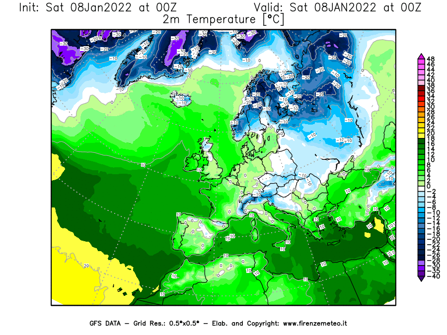 Mappa di analisi GFS - Temperatura a 2 metri dal suolo [°C] in Europa
							del 08/01/2022 00 <!--googleoff: index-->UTC<!--googleon: index-->