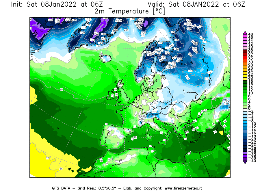 Mappa di analisi GFS - Temperatura a 2 metri dal suolo [°C] in Europa
							del 08/01/2022 06 <!--googleoff: index-->UTC<!--googleon: index-->
