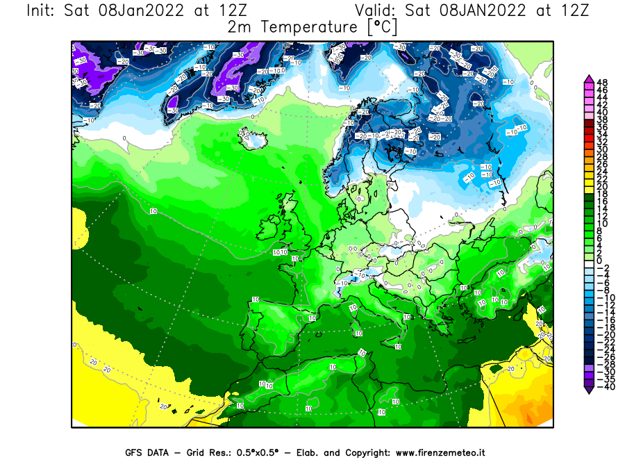 Mappa di analisi GFS - Temperatura a 2 metri dal suolo [°C] in Europa
							del 08/01/2022 12 <!--googleoff: index-->UTC<!--googleon: index-->