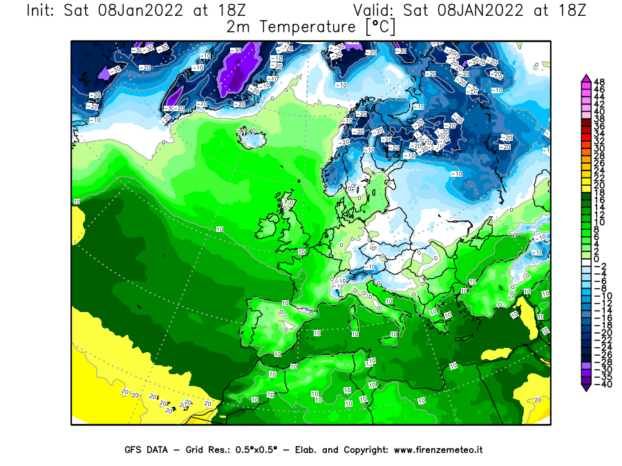 Mappa di analisi GFS - Temperatura a 2 metri dal suolo [°C] in Europa
							del 08/01/2022 18 <!--googleoff: index-->UTC<!--googleon: index-->