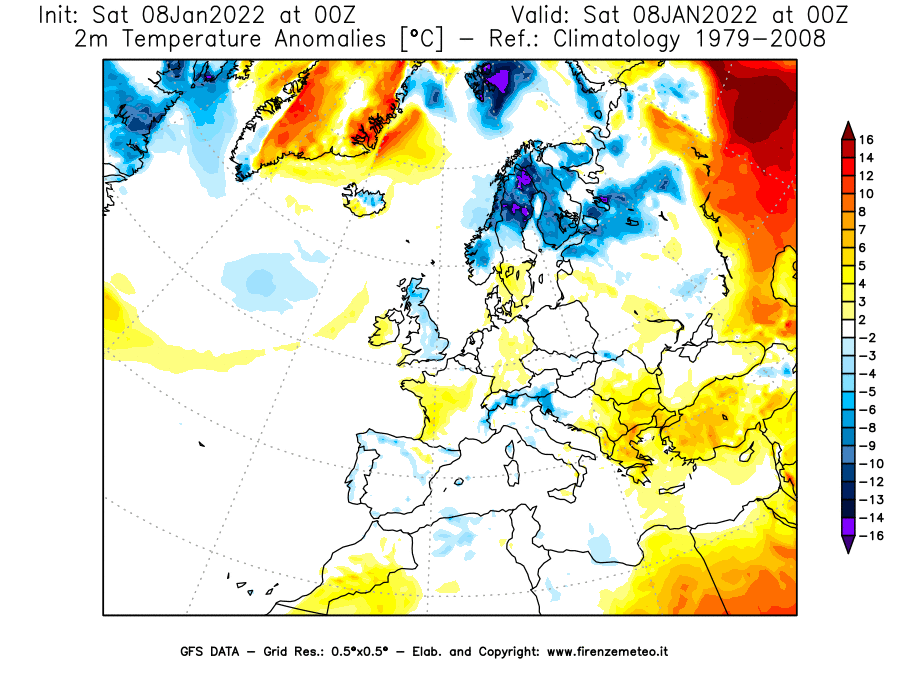 Mappa di analisi GFS - Anomalia Temperatura [°C] a 2 m in Europa
							del 08/01/2022 00 <!--googleoff: index-->UTC<!--googleon: index-->