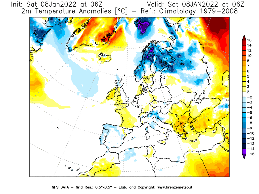Mappa di analisi GFS - Anomalia Temperatura [°C] a 2 m in Europa
							del 08/01/2022 06 <!--googleoff: index-->UTC<!--googleon: index-->