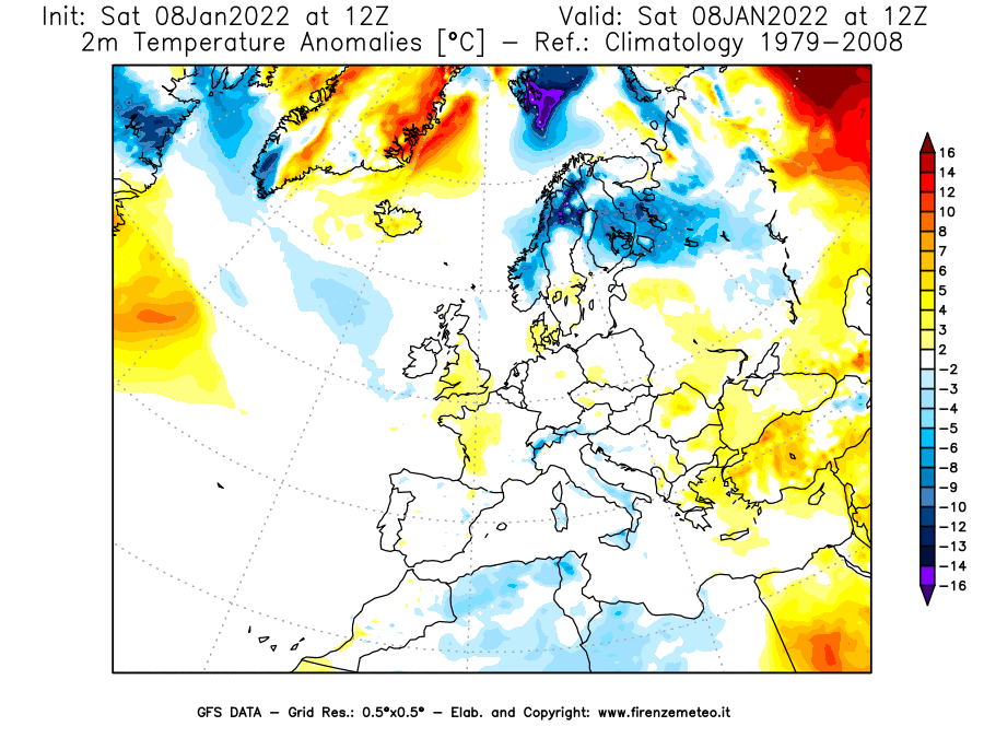 Mappa di analisi GFS - Anomalia Temperatura [°C] a 2 m in Europa
							del 08/01/2022 12 <!--googleoff: index-->UTC<!--googleon: index-->