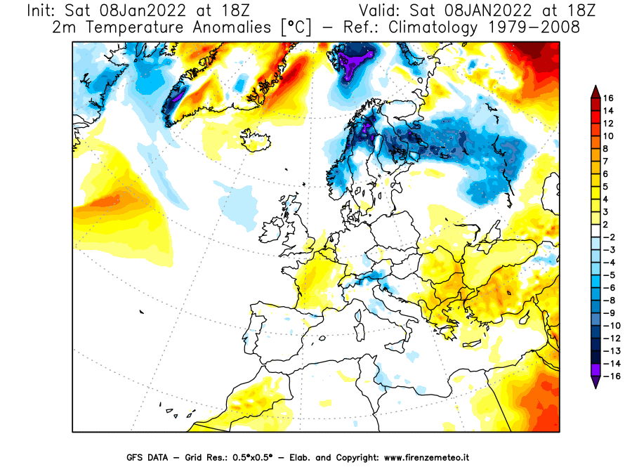 Mappa di analisi GFS - Anomalia Temperatura [°C] a 2 m in Europa
							del 08/01/2022 18 <!--googleoff: index-->UTC<!--googleon: index-->