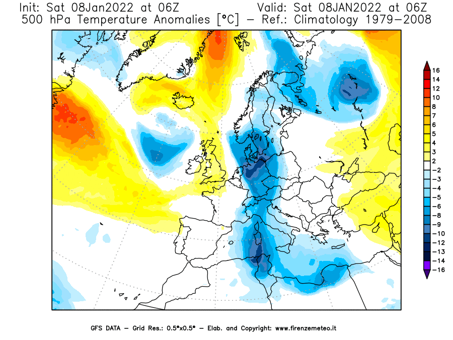 Mappa di analisi GFS - Anomalia Temperatura [°C] a 500 hPa in Europa
							del 08/01/2022 06 <!--googleoff: index-->UTC<!--googleon: index-->