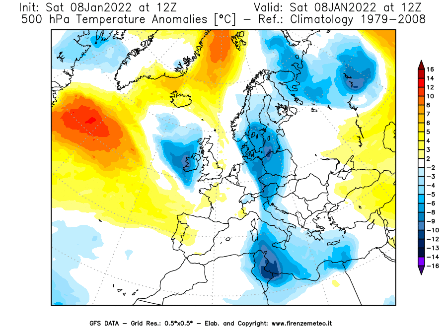 Mappa di analisi GFS - Anomalia Temperatura [°C] a 500 hPa in Europa
							del 08/01/2022 12 <!--googleoff: index-->UTC<!--googleon: index-->