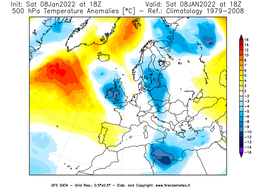 Mappa di analisi GFS - Anomalia Temperatura [°C] a 500 hPa in Europa
							del 08/01/2022 18 <!--googleoff: index-->UTC<!--googleon: index-->
