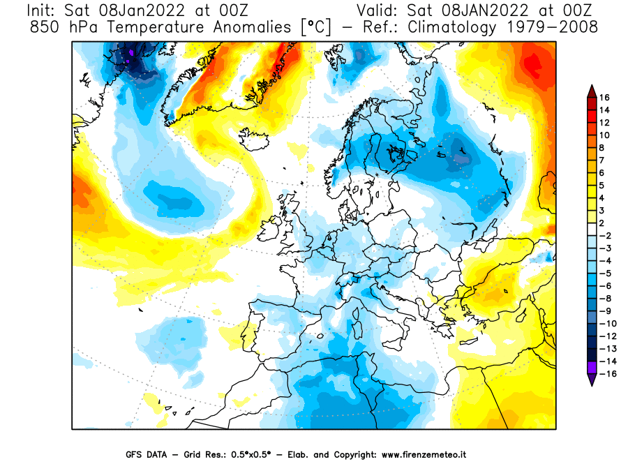 Mappa di analisi GFS - Anomalia Temperatura [°C] a 850 hPa in Europa
							del 08/01/2022 00 <!--googleoff: index-->UTC<!--googleon: index-->