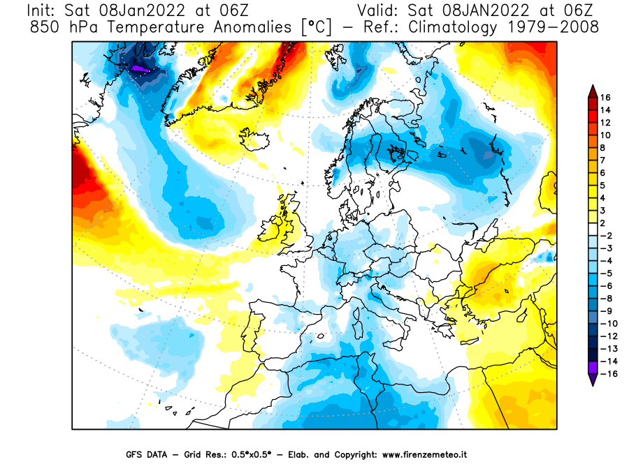 Mappa di analisi GFS - Anomalia Temperatura [°C] a 850 hPa in Europa
							del 08/01/2022 06 <!--googleoff: index-->UTC<!--googleon: index-->
