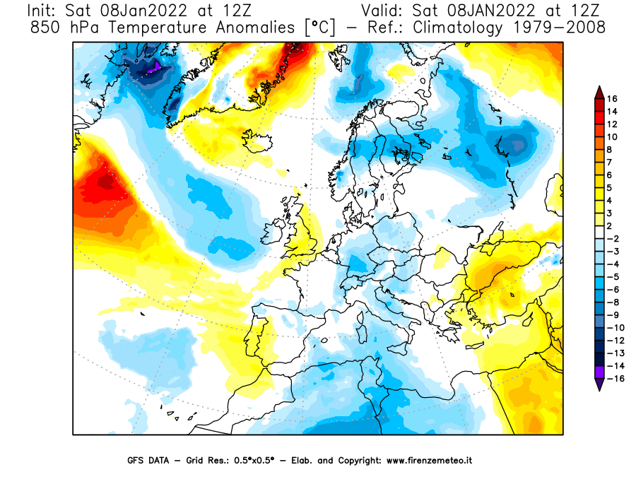 Mappa di analisi GFS - Anomalia Temperatura [°C] a 850 hPa in Europa
							del 08/01/2022 12 <!--googleoff: index-->UTC<!--googleon: index-->