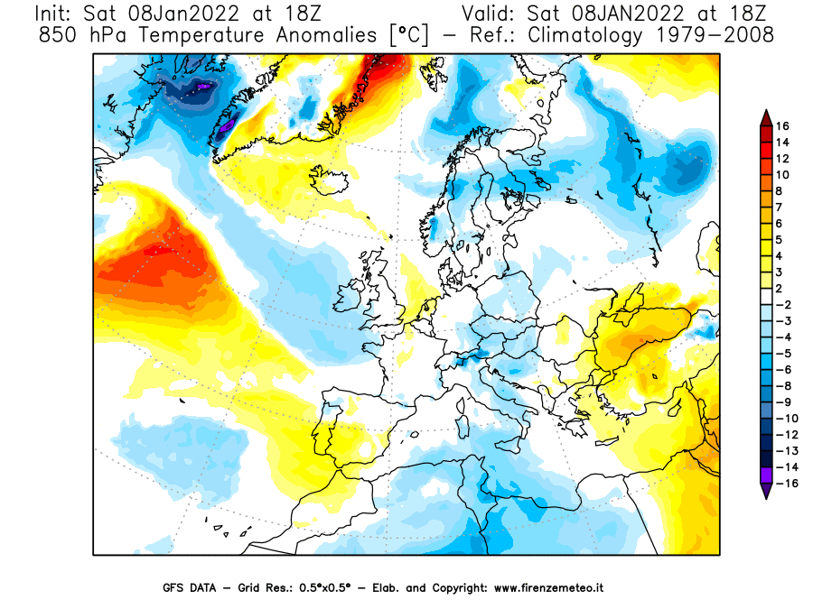 Mappa di analisi GFS - Anomalia Temperatura [°C] a 850 hPa in Europa
							del 08/01/2022 18 <!--googleoff: index-->UTC<!--googleon: index-->
