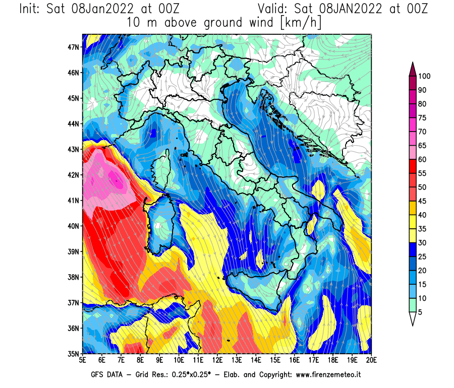 Mappa di analisi GFS - Velocità del vento a 10 metri dal suolo [km/h] in Italia
							del 08/01/2022 00 <!--googleoff: index-->UTC<!--googleon: index-->