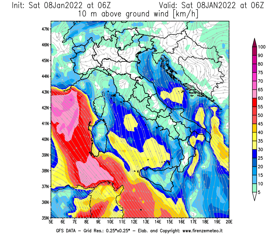 Mappa di analisi GFS - Velocità del vento a 10 metri dal suolo [km/h] in Italia
							del 08/01/2022 06 <!--googleoff: index-->UTC<!--googleon: index-->