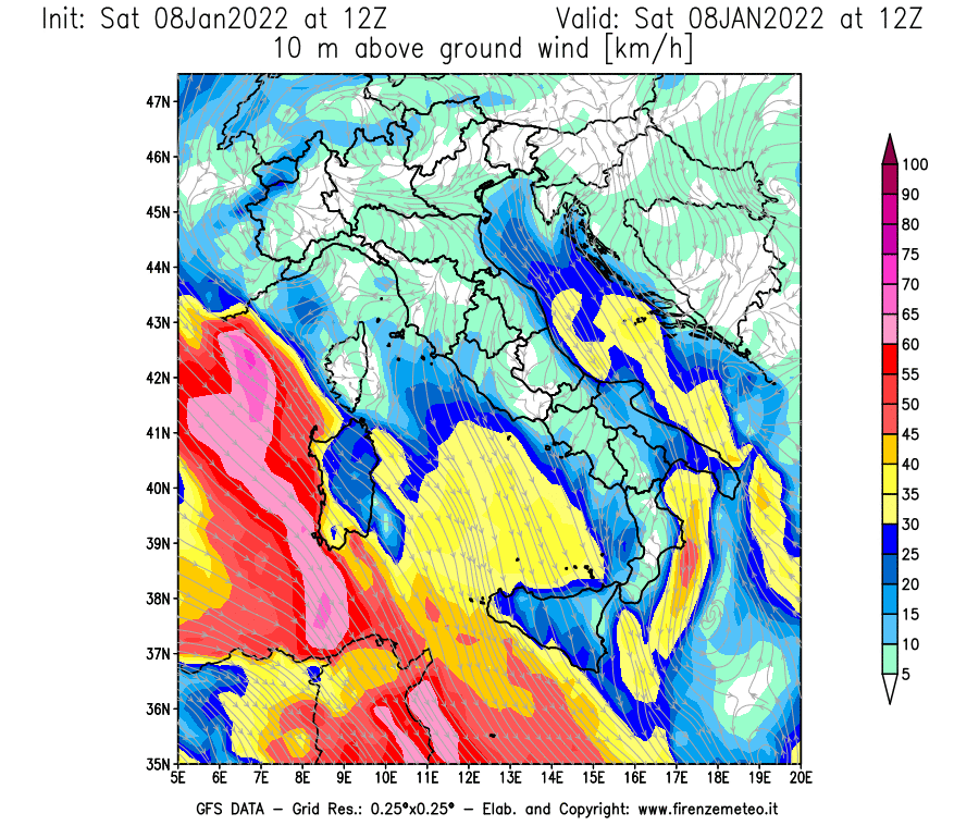 Mappa di analisi GFS - Velocità del vento a 10 metri dal suolo [km/h] in Italia
							del 08/01/2022 12 <!--googleoff: index-->UTC<!--googleon: index-->