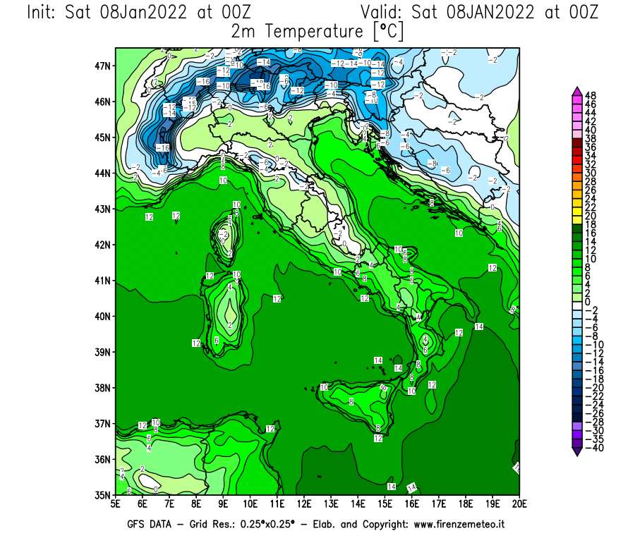 Mappa di analisi GFS - Temperatura a 2 metri dal suolo [°C] in Italia
							del 08/01/2022 00 <!--googleoff: index-->UTC<!--googleon: index-->