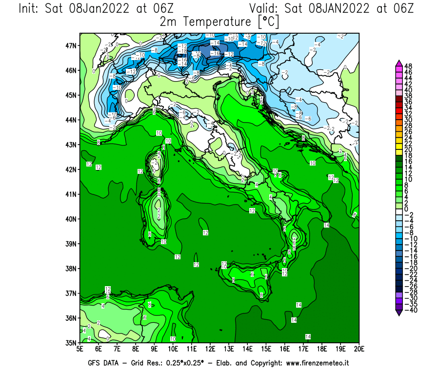 Mappa di analisi GFS - Temperatura a 2 metri dal suolo [°C] in Italia
							del 08/01/2022 06 <!--googleoff: index-->UTC<!--googleon: index-->