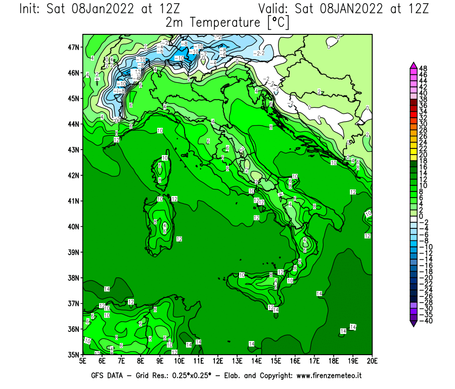 Mappa di analisi GFS - Temperatura a 2 metri dal suolo [°C] in Italia
							del 08/01/2022 12 <!--googleoff: index-->UTC<!--googleon: index-->