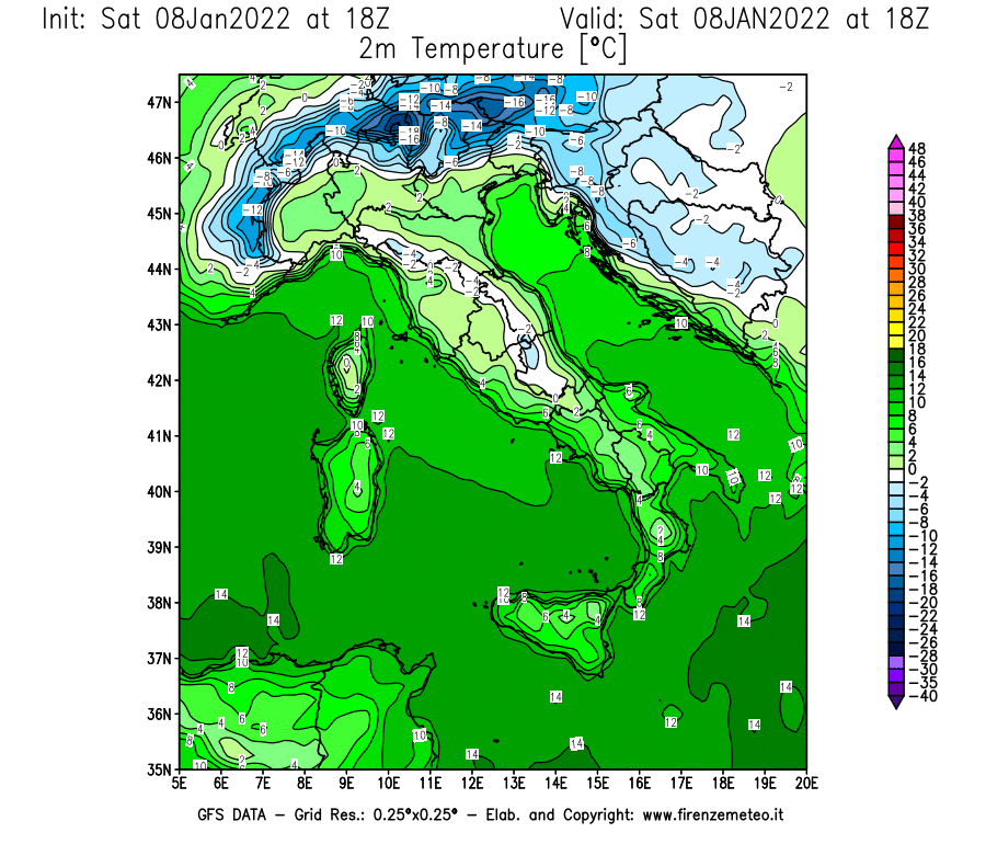 Mappa di analisi GFS - Temperatura a 2 metri dal suolo [°C] in Italia
							del 08/01/2022 18 <!--googleoff: index-->UTC<!--googleon: index-->