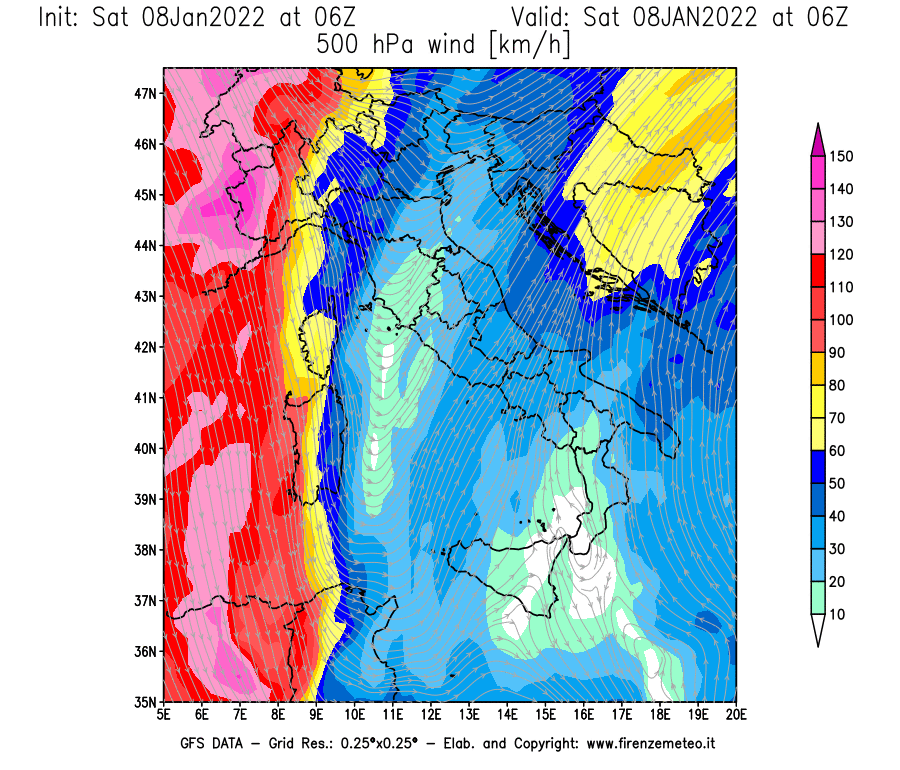 Mappa di analisi GFS - Velocità del vento a 500 hPa [km/h] in Italia
							del 08/01/2022 06 <!--googleoff: index-->UTC<!--googleon: index-->