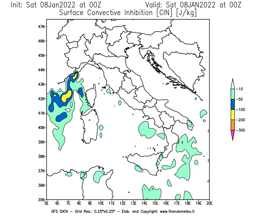 Mappa di analisi GFS - CIN [J/kg] in Italia
							del 08/01/2022 00 <!--googleoff: index-->UTC<!--googleon: index-->