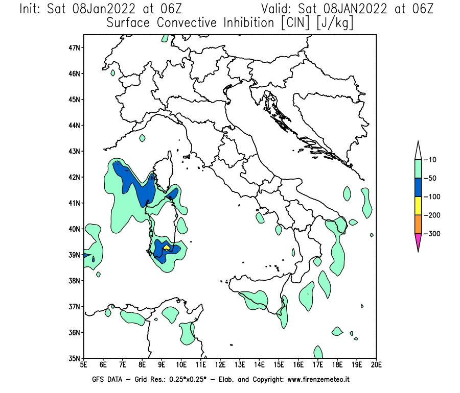 Mappa di analisi GFS - CIN [J/kg] in Italia
							del 08/01/2022 06 <!--googleoff: index-->UTC<!--googleon: index-->