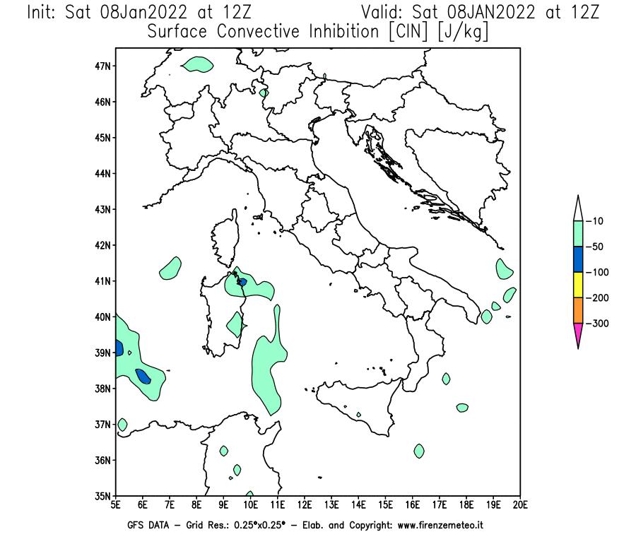 Mappa di analisi GFS - CIN [J/kg] in Italia
							del 08/01/2022 12 <!--googleoff: index-->UTC<!--googleon: index-->