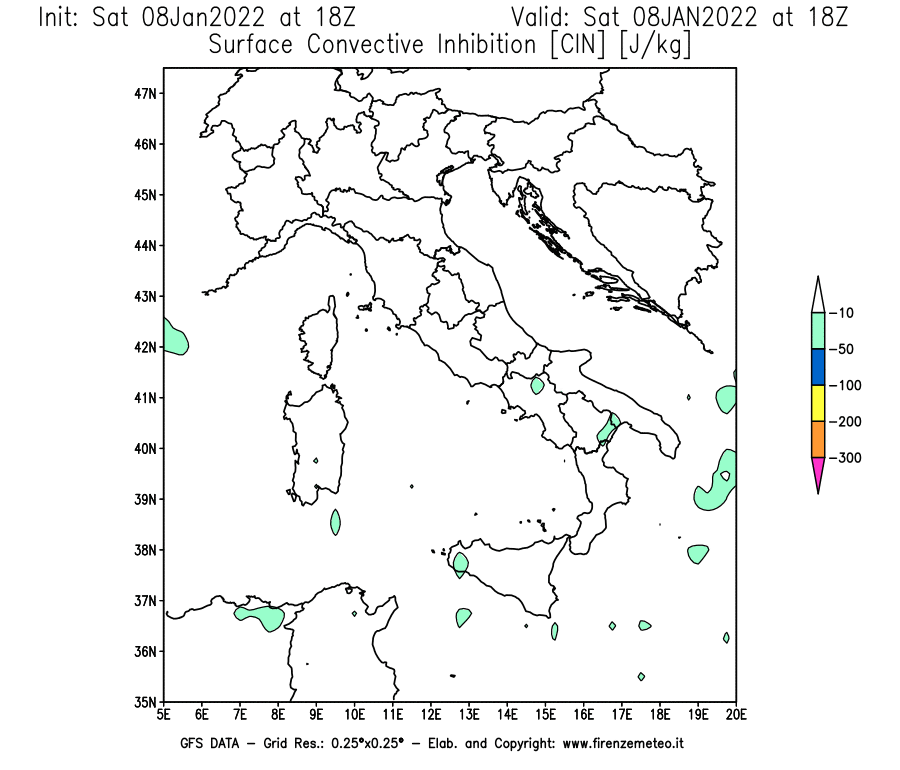 Mappa di analisi GFS - CIN [J/kg] in Italia
							del 08/01/2022 18 <!--googleoff: index-->UTC<!--googleon: index-->