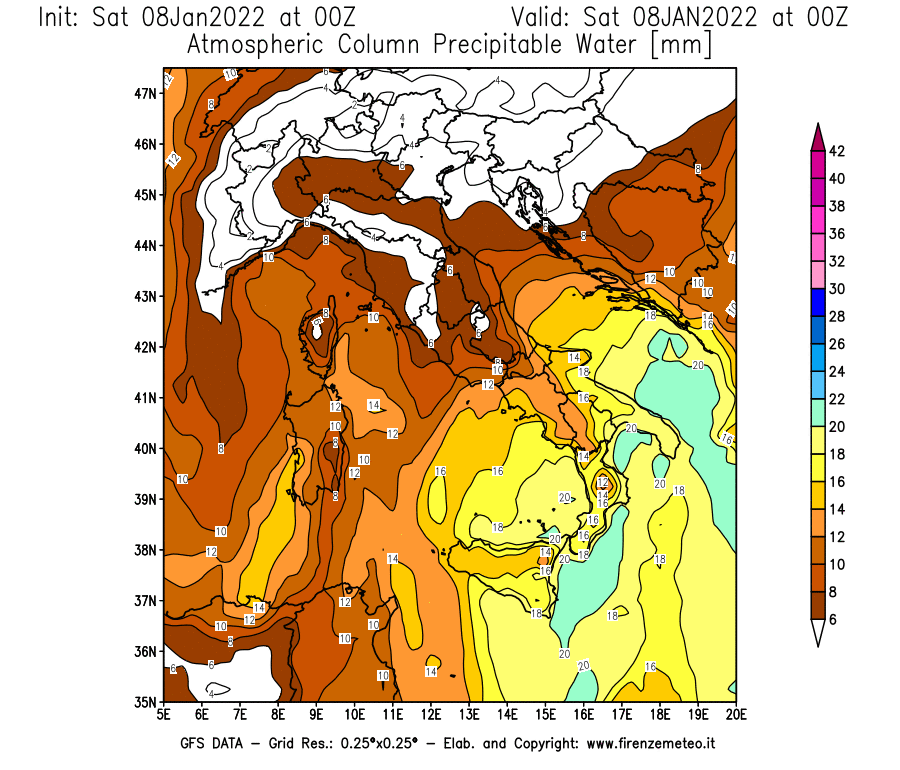 Mappa di analisi GFS - Precipitable Water [mm] in Italia
							del 08/01/2022 00 <!--googleoff: index-->UTC<!--googleon: index-->