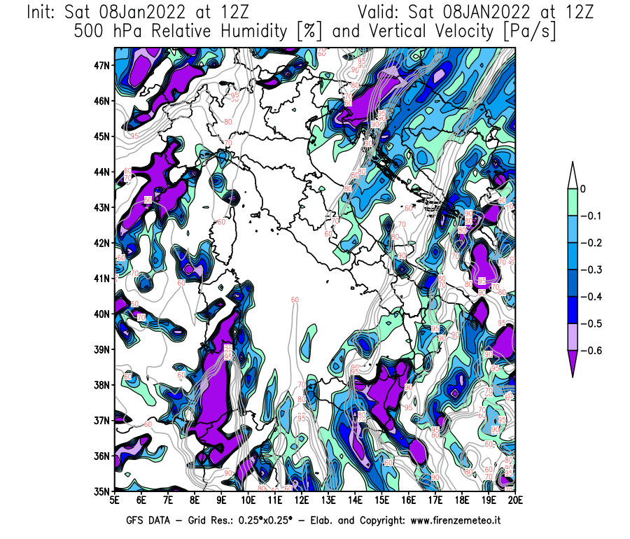 Mappa di analisi GFS - Umidità relativa [%] e Omega [Pa/s] a 500 hPa in Italia
							del 08/01/2022 12 <!--googleoff: index-->UTC<!--googleon: index-->